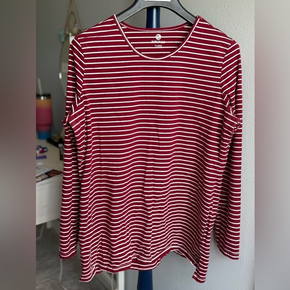 Classic Striped Long Sleeve Top in Maroon and White, Size XL